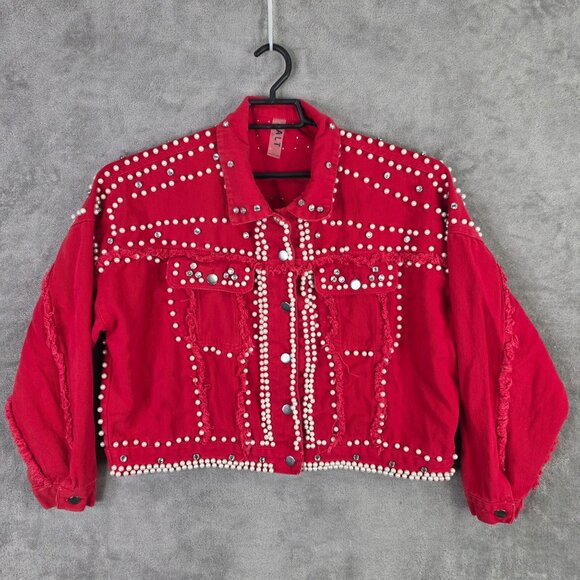 Womens Salt Red Pearl & Rhinestone Embellished Cropped Denim Jacket Button Up S - Picture 2 of 8